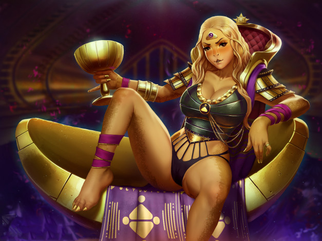 Обои картинки фото фэнтези, существа, девушка, кубок, глаз, взгляд, фон, существо, униформа