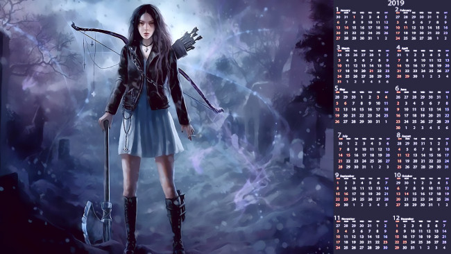 Обои картинки фото календари, фэнтези, лук, оружие, девушка