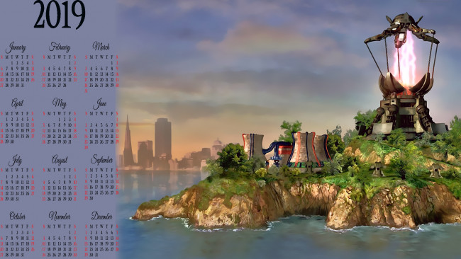 Обои картинки фото календари, фэнтези, сооружение, растение, водоем