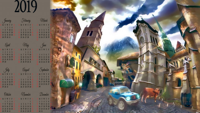 Обои картинки фото календари, рисованные,  векторная графика, дом, улица, корова, машина, здание, город