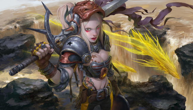 Обои картинки фото фэнтези, девушки, униформа, девушка, меч, тату, взгляд, фон