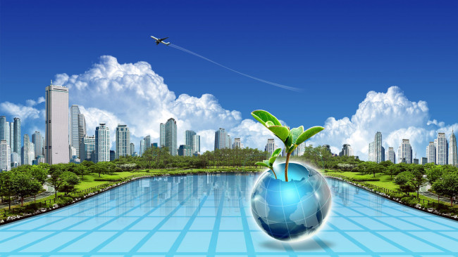 Обои картинки фото 3д графика, архитектура , architecture, город, небо, облака, самолет, бассейн, росток