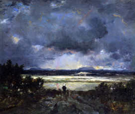 Картинка sunset+in+the+auvergne+theodore+rousseau рисованное живопись небо тучи природа