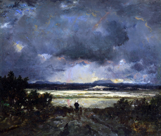 Обои картинки фото sunset in the auvergne theodore rousseau, рисованное, живопись, небо, тучи, природа