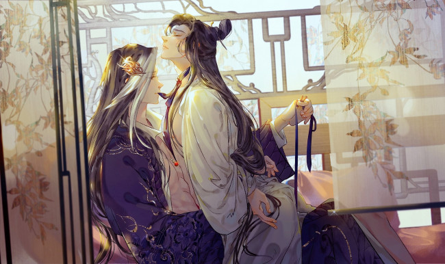Обои картинки фото аниме, thousand autumns, пара, ширма