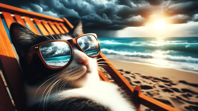 Обои картинки фото 3д графика, животные , animals, кот, очки, пляж, шезлонг, песок, море, тучи