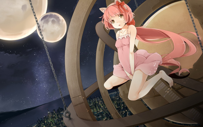 Обои картинки фото аниме, animals, планеты, цепь, девочка, город