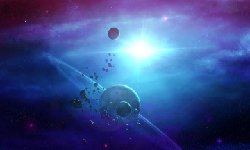 Картинка космос арт планеты туманность астероиды кольца звезда