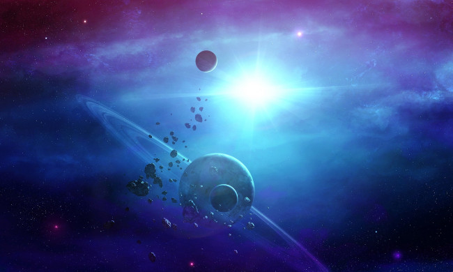 Обои картинки фото космос, арт, планеты, туманность, астероиды, кольца, звезда