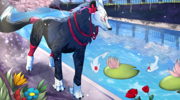 Картинка рисованные животные +сказочные +мифические вода бассейн зверь волк цветы рыбки