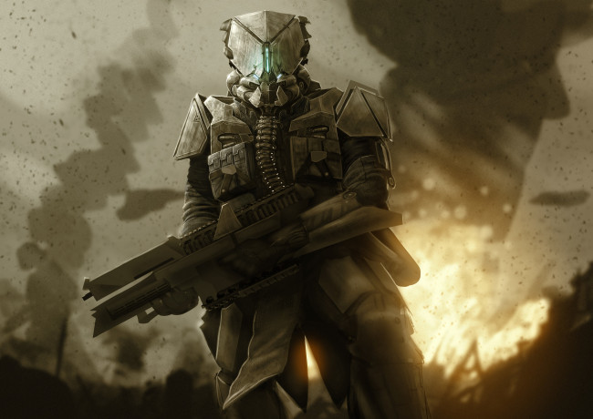 Обои картинки фото фэнтези, люди, будущее, солдат, автомат, война, огонь, шлем