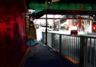 Картинка аниме город +улицы +здания девушка