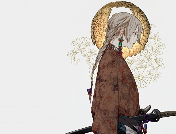 Обои картинки фото аниме, оружие,  техника,  технологии, парень, кимано, мечи