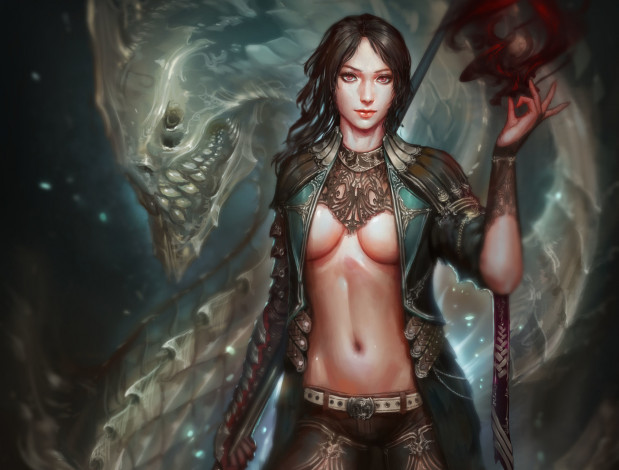 Обои картинки фото фэнтези, красавицы и чудовища, арт, девушка, взгляд, грудь, магия, монстр