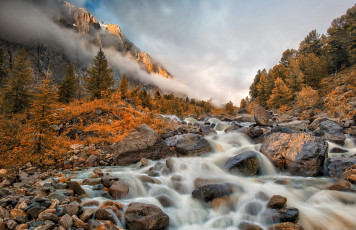 Картинка природа реки озера толмачев дмитрий туман скалы лес камни небо горная река
