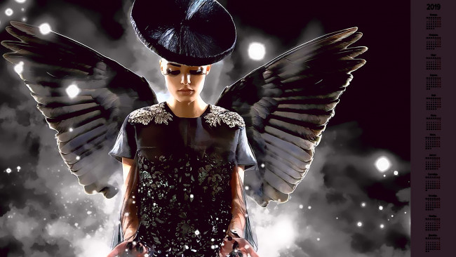Обои картинки фото календари, фэнтези, крылья, девушка, шляпа