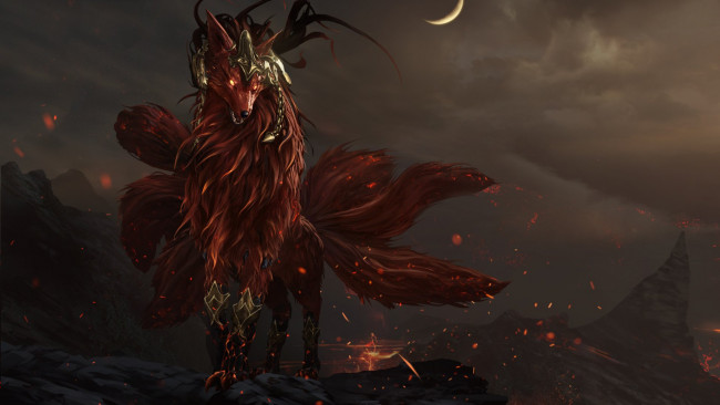 Обои картинки фото видео игры, lost ark, лис, демон, украшения, хвосты, искры, горы