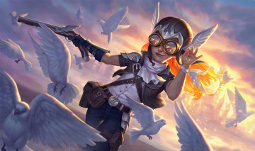 Картинка фэнтези люди мальчик очки сумки пистолет голуби