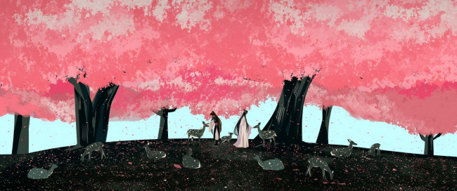 Обои картинки фото аниме, mo dao zu shi, вэй, усянь, лань, ванцзы, деревья, цветение, олени