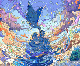 Картинка meeting+a+bird+in+the+clouds аниме животные +существа meeting a bird in the clouds