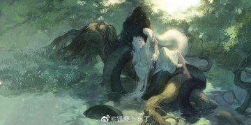 Картинка аниме животные +существа наг лис озеро деревья