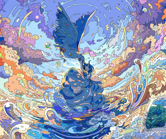 Обои картинки фото meeting a bird in the clouds, аниме, животные,  существа, meeting, a, bird, in, the, clouds