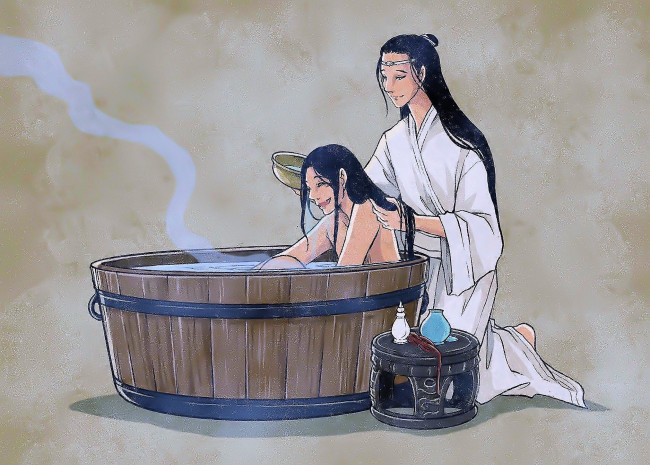 Обои картинки фото рисованное, кино,  мультфильмы, лань, ванцзы, вэй, усянь, бочка, купание