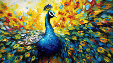 обоя рисованное, животные,  птицы,  павлины, павлин