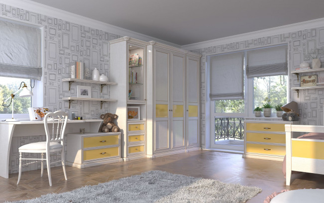 Обои картинки фото интерьер, детская комната, шкаф, комод, кровать, письменный, стол