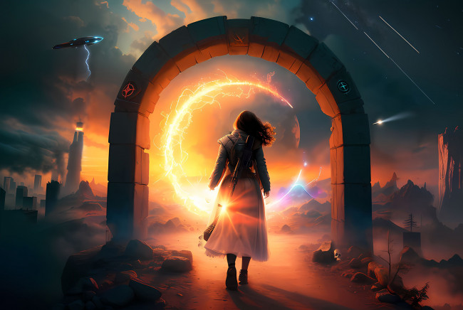 Обои картинки фото фэнтези, иные миры,  иные времена, нейросети, графика, нейроарт, ai, art, нейронные, сети, рисунки, нейро, искусство, девушка, входит, в, портал, фантастика, магия, молния