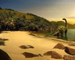 обоя разное, динозавры, динозавр, горы, камни, пляж, озеро, лес