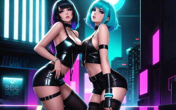 Картинка фэнтези девушки топ шорты город дома неон