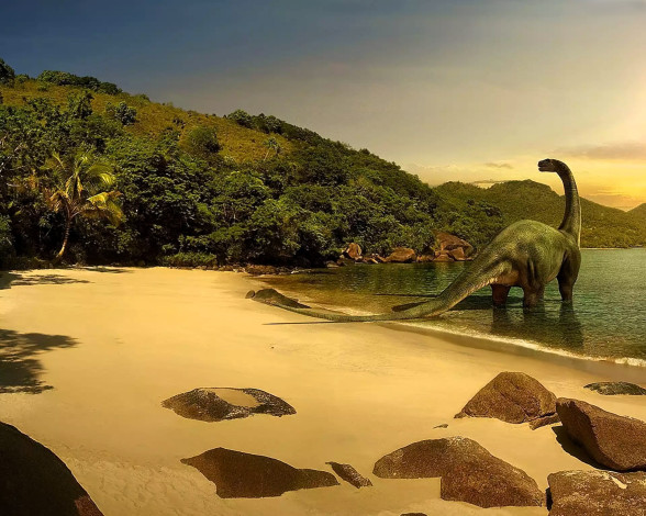 Обои картинки фото разное, динозавры, динозавр, горы, камни, пляж, озеро, лес