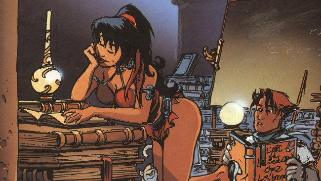 Обои картинки фото 295764, рисованное, люди, девушка, книги, парень