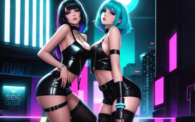 Обои картинки фото фэнтези, девушки, топ, шорты, город, дома, неон