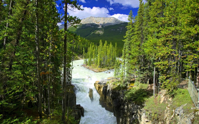 Обои картинки фото природа, водопады, лес, небо, облака, гора, остров, река, водопад