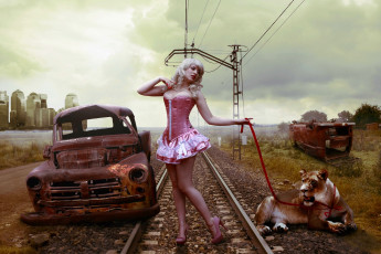 Картинка разное компьютерный дизайн девушка лев железная дорога авто рельсы