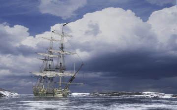 Картинка arriving aurora корабли парусники тучи небо море корабль