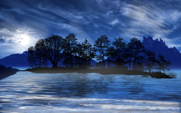 Картинка enchanted eve 3д графика nature landscape природа деревья облака остров река