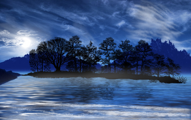 Обои картинки фото enchanted, eve, 3д, графика, nature, landscape, природа, деревья, облака, остров, река