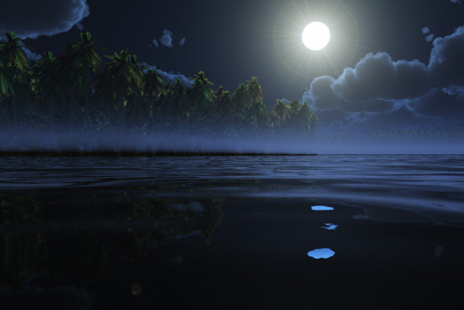 Обои картинки фото patience, night, version, 3д, графика, nature, landscape, природа, темный, фон, океан, солнце, пальмы