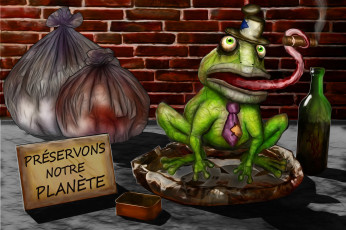 Картинка фэнтези существа лягушка бутылка сигара язык галстук шляпа дым табличка