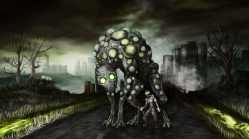 Картинка фэнтези существа цепь противогаз дерево дорога