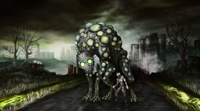 Обои картинки фото фэнтези, существа, цепь, противогаз, дерево, дорога