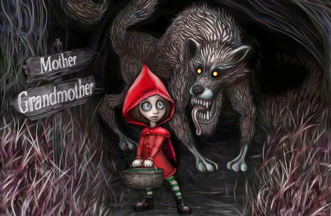 Обои картинки фото фэнтези, красавицы, чудовища, красная, шапочка, корзина, волк