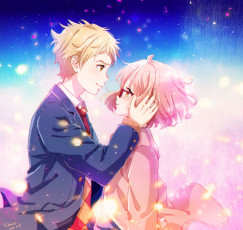 Картинка аниме kyoukai+no+kanata девушка арт kyoukai no kanata двое очки парень kanbara akihito kuriyama mirai dorris