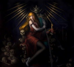 Картинка аниме bakemonogatari девушка sinkasis art kissshot acerolaorion heartunderblade платье декольте черепа птица трон оружие