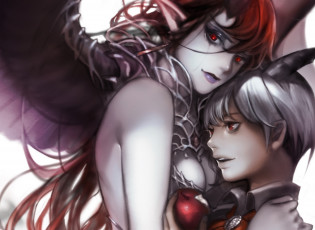 Картинка аниме -angels+&+demons парень девушка яблоко крылья рога