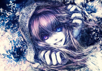 Картинка аниме *unknown+ другое лицо волосы разные глаза капюшон девушка руки