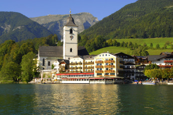 Картинка австрия+санкт-вольфганг города -+пейзажи sankt wolfgang wolfgangsee озеро кирха дома санкт-вольфганг австрия